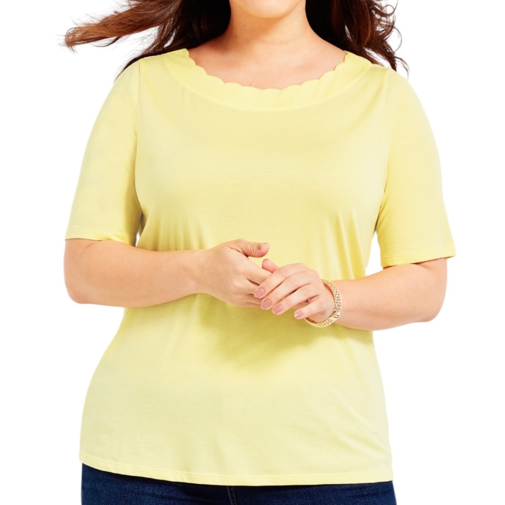 Talbots Petite XL Yellow Scalloped Neck 100% Pima Cotton Short Sleeve Tee Shirt
